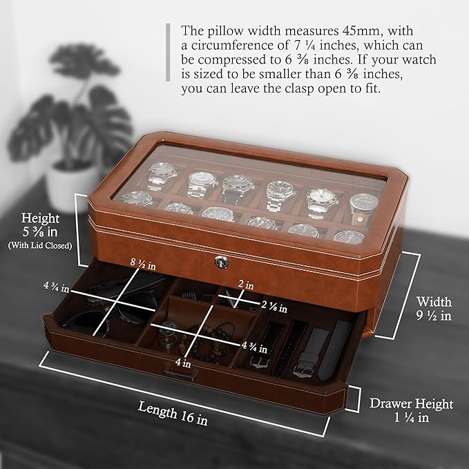 ROTHWELL 12 Slot Leather Watch Box with Valet Drawer - 12 Slot Luxury Watch Case Display Organizer, Microsuede Liner, Mens Accessories Holder, Jewelry Case, Jewelry Display Organizer (Tan/Brown)