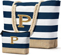 Becokan Beach Bag Initial Beach Tote with Makeup Bag for Travel Work Storage Personalized Birthday Gifts for Women Her