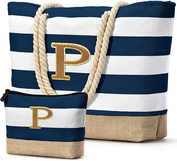 Becokan Beach Bag Initial Beach Tote with Makeup Bag for Travel Work Storage Personalized Birthday Gifts for Women Her