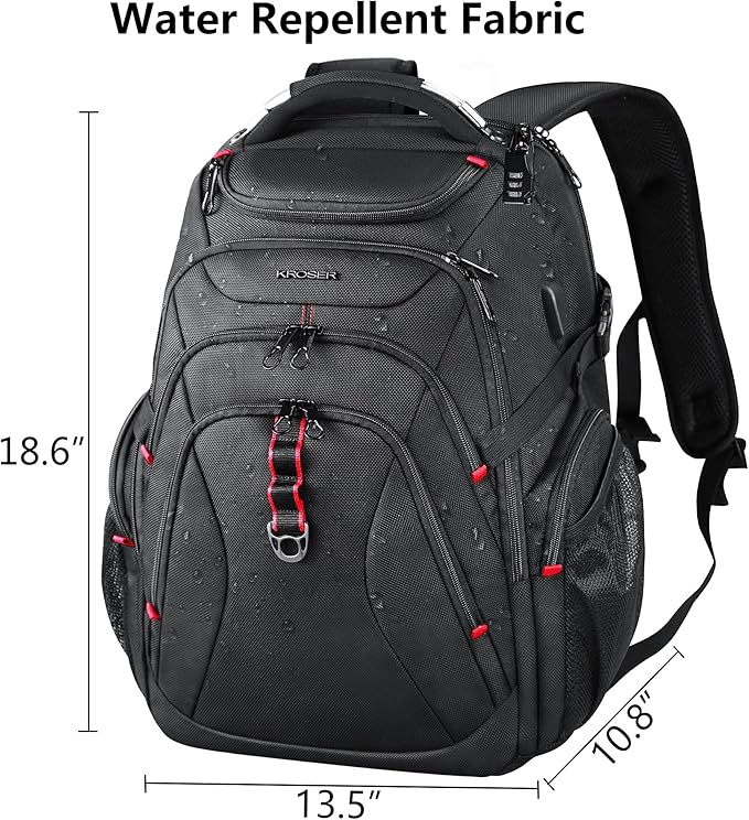 KROSER Travel Laptop Backpack 17.3 Inch XL Computer Backpack with Hard Shell Saferoom RFID Pockets Water-Repellent Business College Daypack Stylish Bag for Men/Women-Black