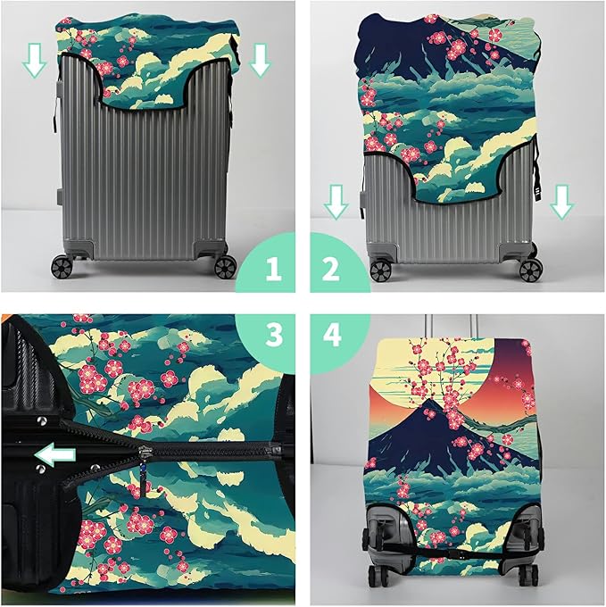 Luggage Cover Suitcase Protector + Luggage Tag, Landscapes Sakura Mount Fuji Travel Suitcase Cover for 22-24 inch Luggage (M) with Concealed Zipper Washable Elastic Cloth Dustproof Anti-Scratch