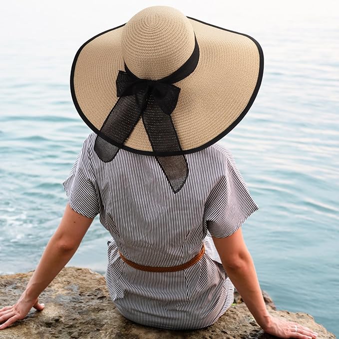 DRESHOW Beach Hats for Women Big Straw Wide Brim Summer Hat Floppy Foldable Roll up Cap Sun Hat UPF 50+