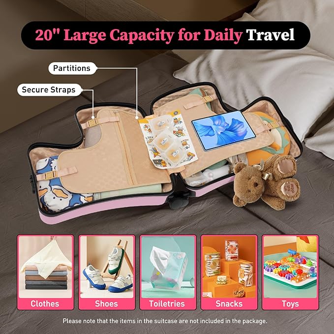 20 Inch Children's Ride On Trolley, Toddler Luggage Seat Ride with Lock, Kid's Ride-on Travel Suitcase with Spinner Wheels, Kids Travel Trolley Riding Luggage Suitcase for Boys Girls Gift, Pink