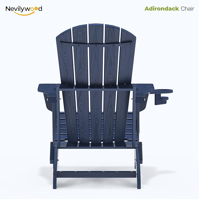 Folding Adirondack Chair - Extended Ergonomic Backrest, Cup Holder - Easy Assembly - Durable HDPE Plastic, Weather Resistant & Maintenance-Free - Lawn, Patio, Deck Supports 380lbs NavyBlue