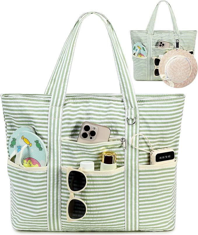 LEDAOU Beach Bags for Women, Beach Bags Waterproof Sandproof, Packable Beach Tote Bag with Zipper Travel Sports