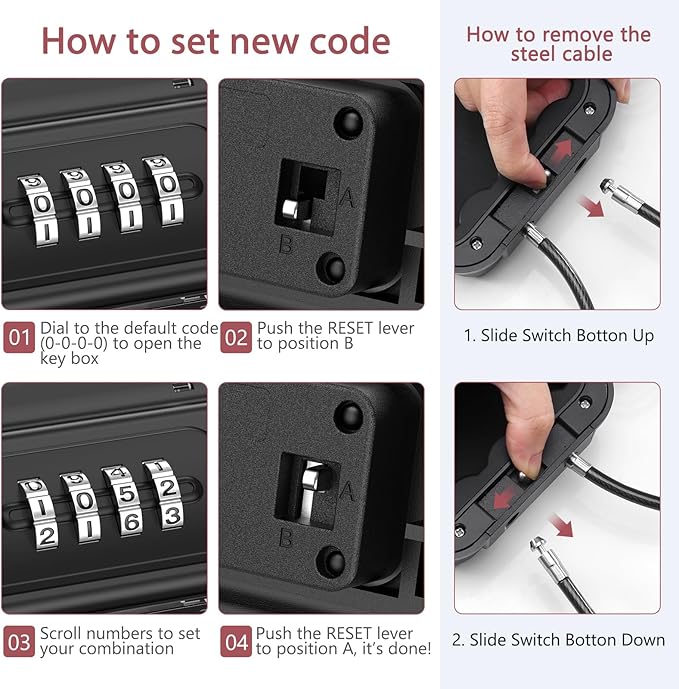 LOFICOPER Portable Lock Box, Beach Security Box for Travel, Anti-Theft 4-Digit Combination Lock Box, Cash Box with Removable Wire Rope for Dorm, Gym, Travel, Hotel, Office
