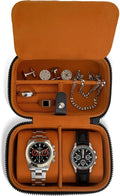 Galis Luxury Watch Case for Men High End Portable 2-Slot Watch Holder and Watch Case for Travel, Premium Watch Box for Men, Jewelry Storage Organizer, Gift for Him, Fathers, Husband (Black & Orange)