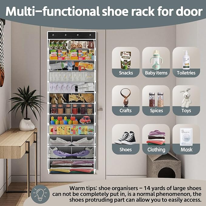 12 Pocket Over the Door Shoe Organizer,Reusable Breathable Large Mesh Bag Men's & Women's Sneaker Organizer,Shoe Organizer for Kids,Hanging Shoe Storage Hanging Bag (Black)