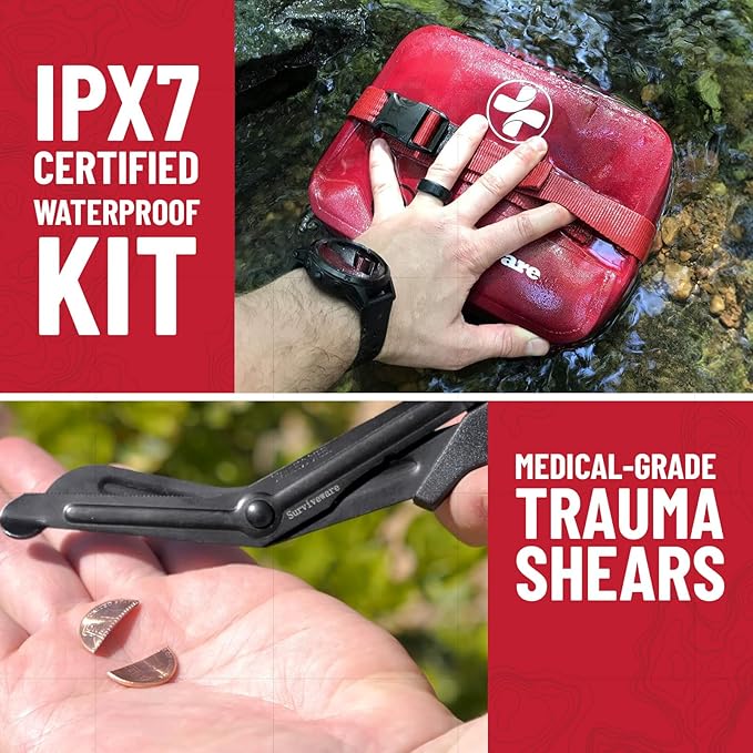 Surviveware Waterproof Premium Survival First Aid Kit - Survival Emergency Preparedness for Travel Camping Gear, Survival Kit and Outdoor Emergencies - Survival Kit - FSA, HSA Eligible 184 Pcs