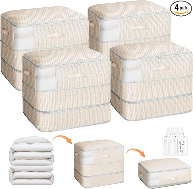 4 Pack Compression Storage Bags - 110L Large Capacity Comforter Storage Bag, 3-Layer Washable Ultra Space Saving Self Compression Organizer Space Bags for Blankets, Sweaters, Sheets, Beige