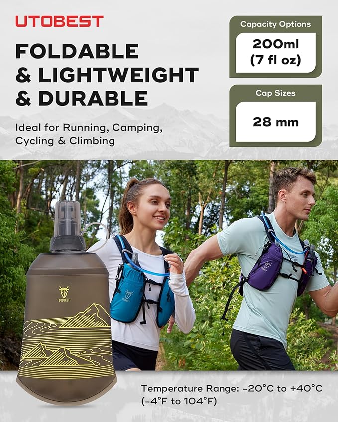 UTOBEST 200ml Soft Flask, 2 Pack Flexible TPU Hydration Water Bottle, Collapsible with 28mm Caliber for Running, Hiking, Cycling, Climbing, and Marathon Yellow