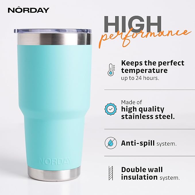 NORDAY | Tumbler with Lid - 30oz - Aqua Insulated Tumbler - Stainless Steel Tumblers - Double Wall Vacuum Insulated Travel Coffee Mug for Car Cup Holder - Keeps Temperature for 24hr - Anti Spill Lid