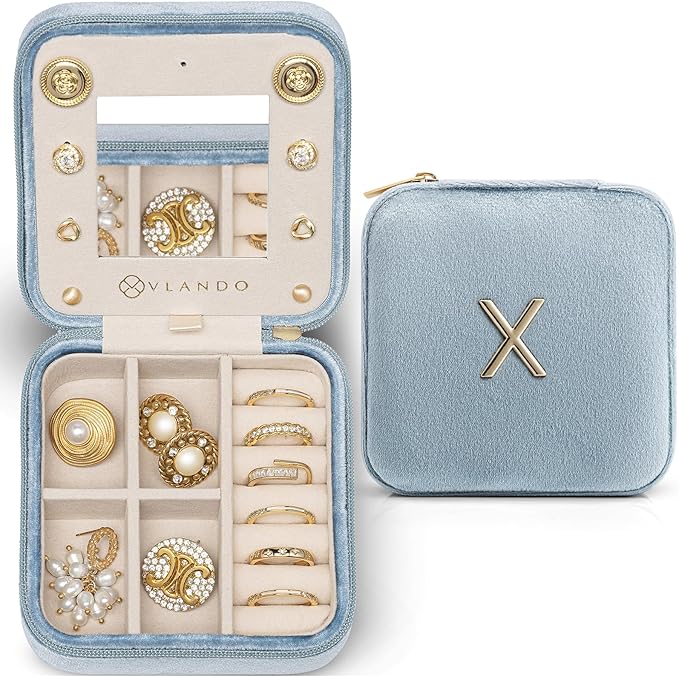 Vlando Travel Jewelry Case for Women Girls, X Initial Jewelry Box, Small Jewelry Box for Women, Travel Jewelry Case, Gifts for Girls - Letter X, Navy Blue