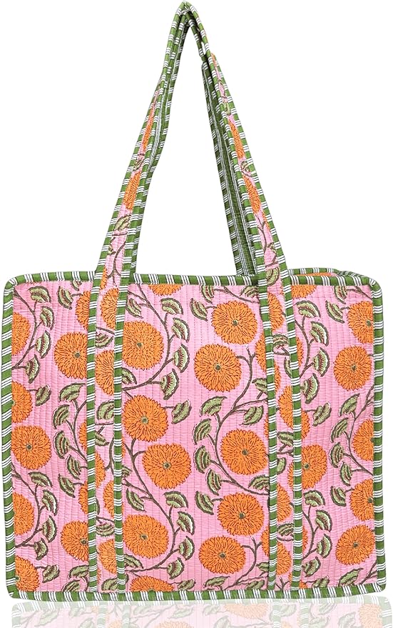 Cotton Quilted Tote Bag for Women – Large Beach & Travel Tote with Zipper, Reusable Grocery Bag