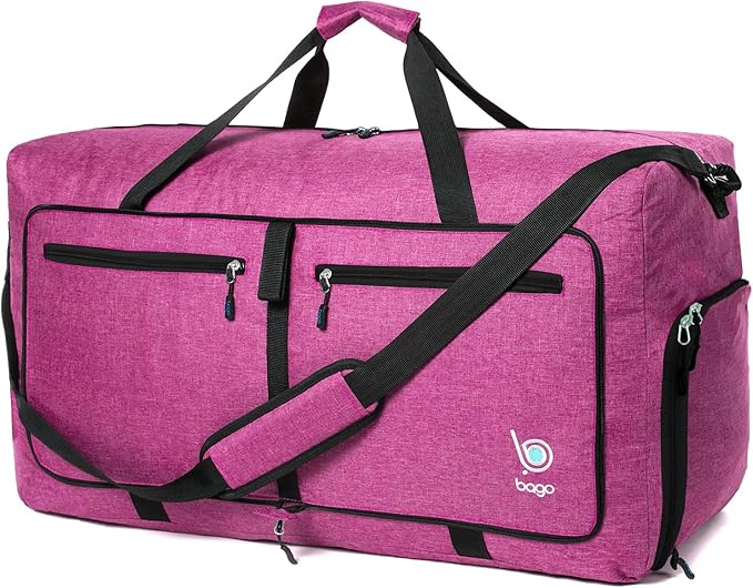 Bago Foldable Duffel Bags for Traveling Women & Men - 60L Medium Packable Duffle Bag for Travel with Shoe Compartment - Water Repellant, Heavy Duty, Lightweight Folding & Collapsible (SnowPink)