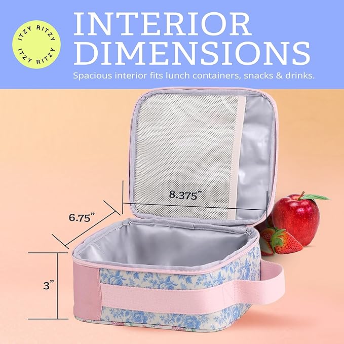 Itzy Ritzy Toddler Lunch Box - Kids Lunch Bag is Insulated and Includes Water Bottle Holder Plus 2 Pockets - Durable, Easy to Clean Lunch Box Toddler Bag (Ribbons & Roses)