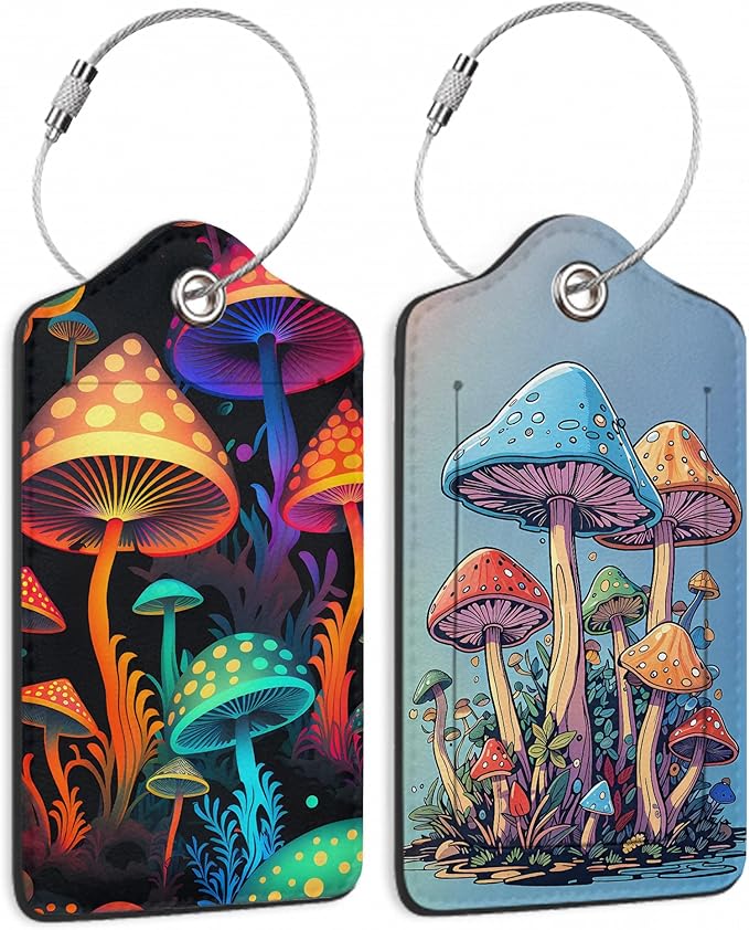 Set of 2 Colorful Mushrooms at Night Luggage Tags for Suitcases, Colorful Mushrooms Leather Suitcase Tag Name Identifiers Labels for Travel Bag Baggage Backpack