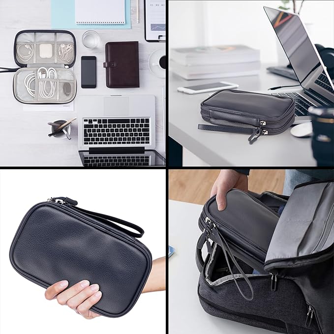 Leather Travel Electronic Organizer - Double Layer, Waterproof Case for Cables, Chargers, Phones & More - Portable, Shockproof Pouch for All Your Electronics Accessories (Dark Blue, M)