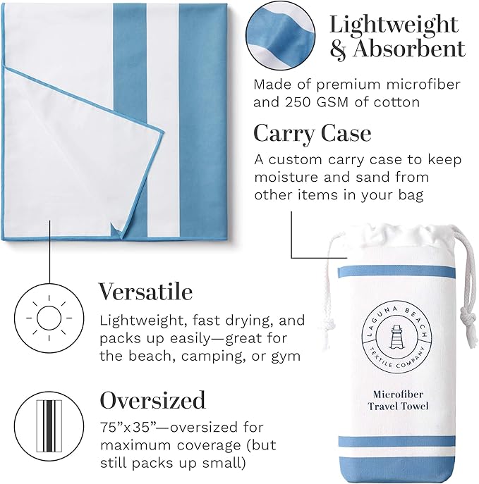 Bright Blue Microfiber Beach Towel by Laguna Beach Textile Co - Sand Free, Light Weight Striped Pool Towel - Perfect for Yoga, Gym, Beach, Pool - Extra Large, 35" x 75 - Laguna Blue