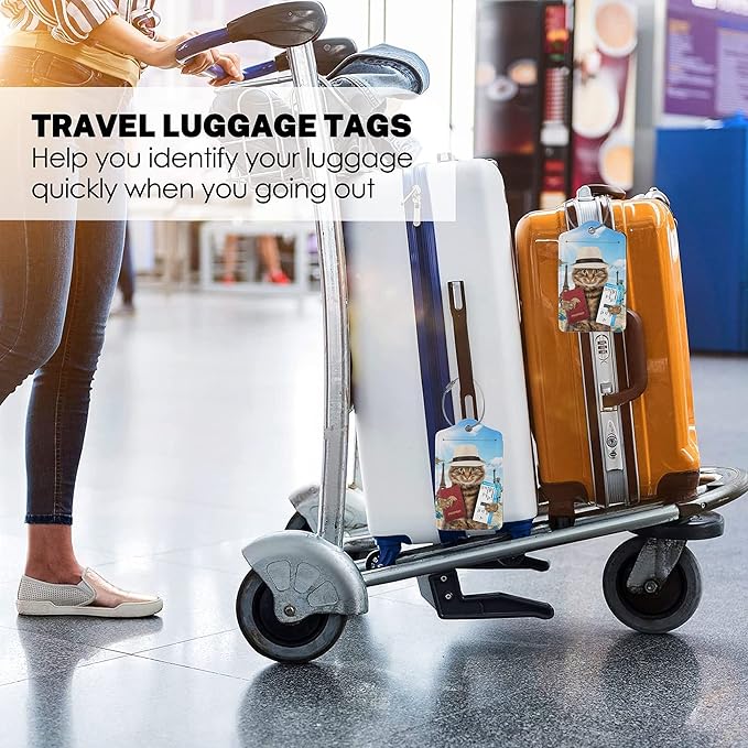 2 Pack Funny Cat Passport Luggage Tags for Suitcases Women Men Kids, Bag Tags for Leather Luggage with Waterproof Suitcase Tags Privacy Cover Name ID Label Steel Loop for Travel Bag Suitcase