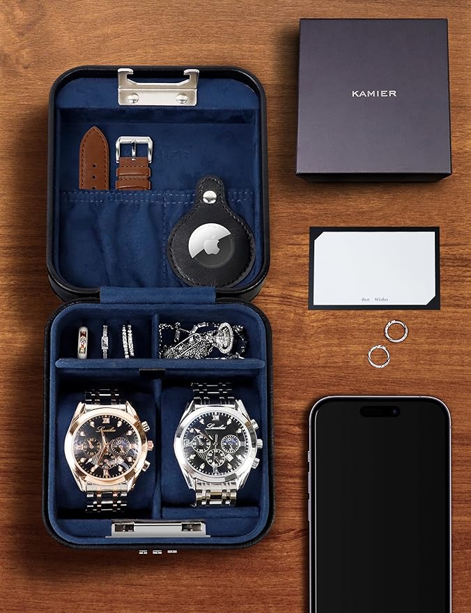 KAMIER Watch Travel Case with Combination Lock - 2 Watch Storage and Jewelry Organizer - Watch Case for Ring and Watch Storage, PU Leather Travel Watch Case, Ideal for Gift (With Gift Box) (Black)