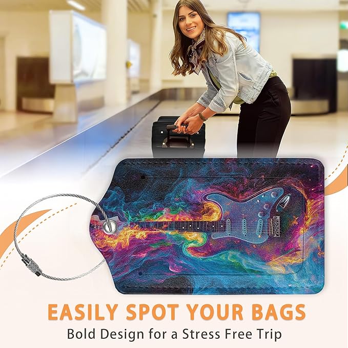 Electric Guitar Neon 3 PCS PU Leather Luggage Tags for Suitcase, Color Burst Guitar Luggage Tag with Privacy Flap, Name ID Label and Metal Loop for Women Men Baggage Handbag School Bag Backpack