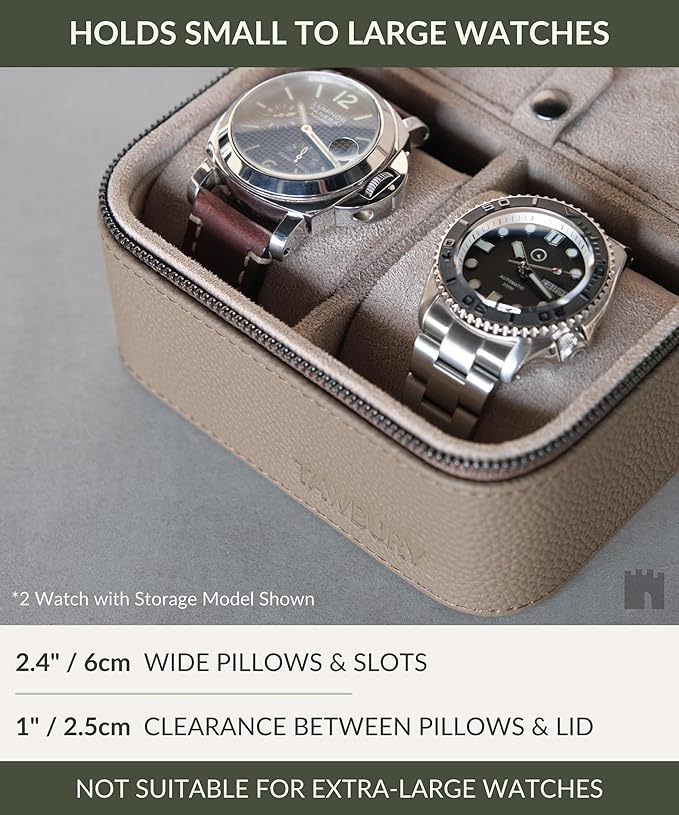 TAWBURY Luxury Leather Watch Box - Unisex Travel Case With Zipper Closure | Taupe Top-Grain Genuine Leather Roll | 3 Watch Carrying Case for Men