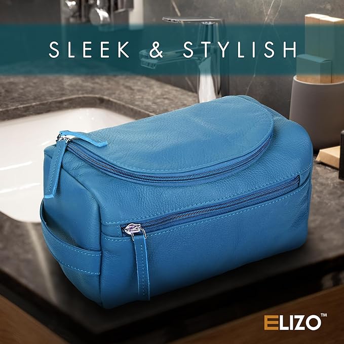 ELIZO Premium REAL Leather Toiletry Bag for Men Dopp Kitt Hanging Mens Toiletry Large TSA Toiletries Bag Shaving Grooming Bag Organizer Espresso (Blue, Large)