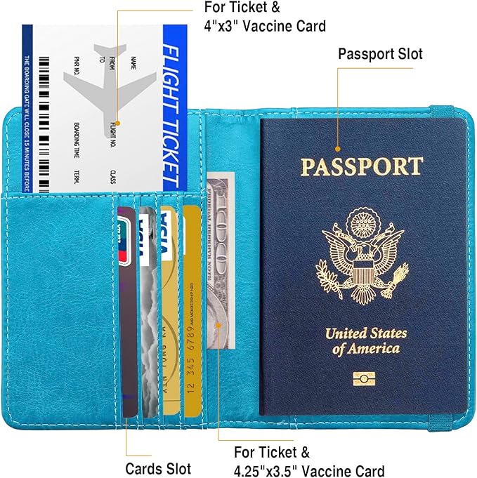 Passport Holder for Travel Passport Cover for Men Passport Wallet Case With 3D Metal Badge Protector Leather Card Case RFID Blocking Women Travel Accessories Document Organizer (Sky Blue)