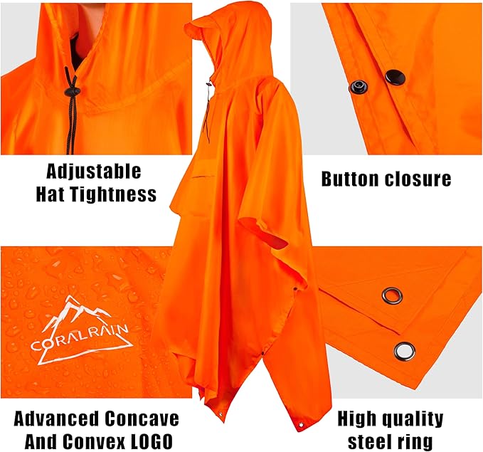 Coralrain Hooded Rain Poncho Lightweight Waterproof Unisex Raincoat Jacket with Pocket for Men Women Adult