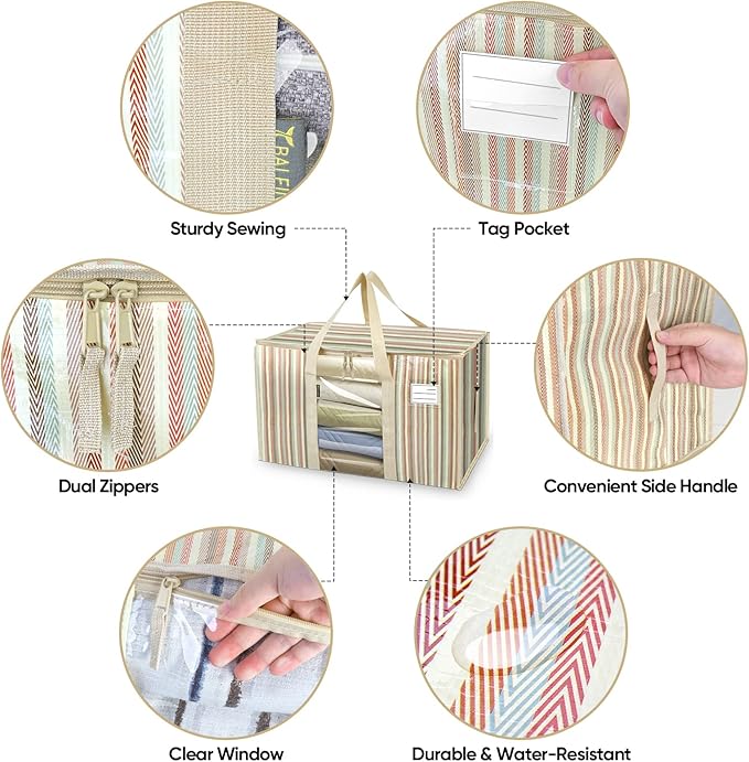 BALEINE 2-Pack Oversized Moving Bags with Reinforced Handles, Heavy-Duty Storage Tote for Clothes, Moving Supplies (Color Stripe with Window, 2-Pack)