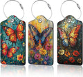 3 Pack Vintage Butterfly Wildflower Luggage Tags for Suitcases,Cute Leather Name Tag with Privacy Cover with Stainless Steel Loops, Travel ID Bag Tags for Women Men
