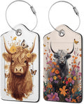 Highland Cow Luggage Tags for Suitcase,Flower Luggage Tags of Set 2 Leather Identifiers Privacy Cover with Stainless Steel Loop for Women Men Travel Bag Suitcase