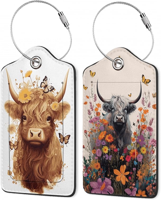 Highland Cow Luggage Tags for Suitcase,Flower Luggage Tags of Set 2 Leather Identifiers Privacy Cover with Stainless Steel Loop for Women Men Travel Bag Suitcase