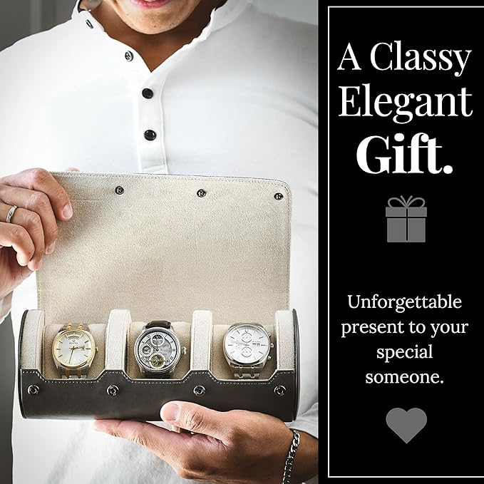 Watch Travel Case for Men - Mirage Watch Roll Storage and Display 3 slots - Slate Grey/Ivory White Interior Vegan Leather
