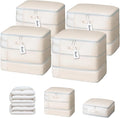 DIMJ Comforter Storage Bag - Large Capacity Ultra Space Saving Self Compression Organize for Duvet, Pillow, Bedding, Blanket Storage Organizer Nylon Compression Bags, Beige, 4 Pack