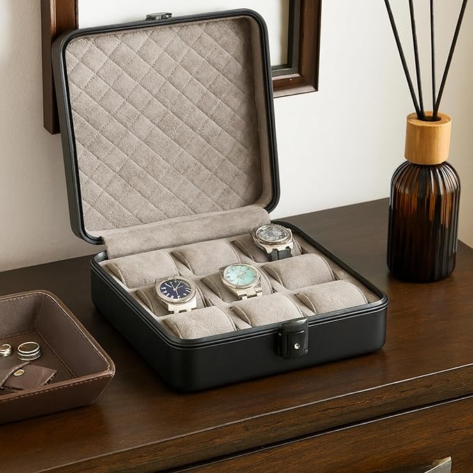 Bey-Berk Prague Aluminum Watch Case in Matte Black – 9-Slot Locking Travel Box with Soft Interior for Watch Storage