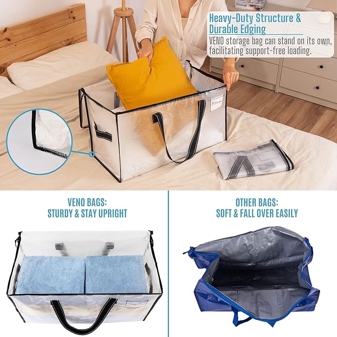 VENO 4 Pack Moving Bags, Comforter and Blanket Storage Bags for Closet, Moving Boxes, Boxes with Lids Alternative, College Dorm Packing Supplies, Foldable Heavy-Duty Tote with Window (Clear, 4 Pack)