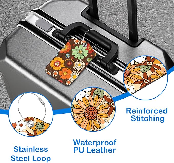 70s Retro Floral Luggage Tags for Suitcases Leather Travel Tags for Luggage ID Label with Privacy Cover and Stainless Steel Loop for Men Women Suitcase Backpack, Set of 2