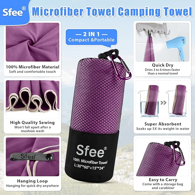 Sfee 2 Pack Microfiber Travel Towel, Quick Dry Camping Towel Large Beach Towel Super Absorbent Compact Lightweight Sports Gym Towels for Beach, Gym, Hiking, Pool, Backpacking, Bath, Yoga