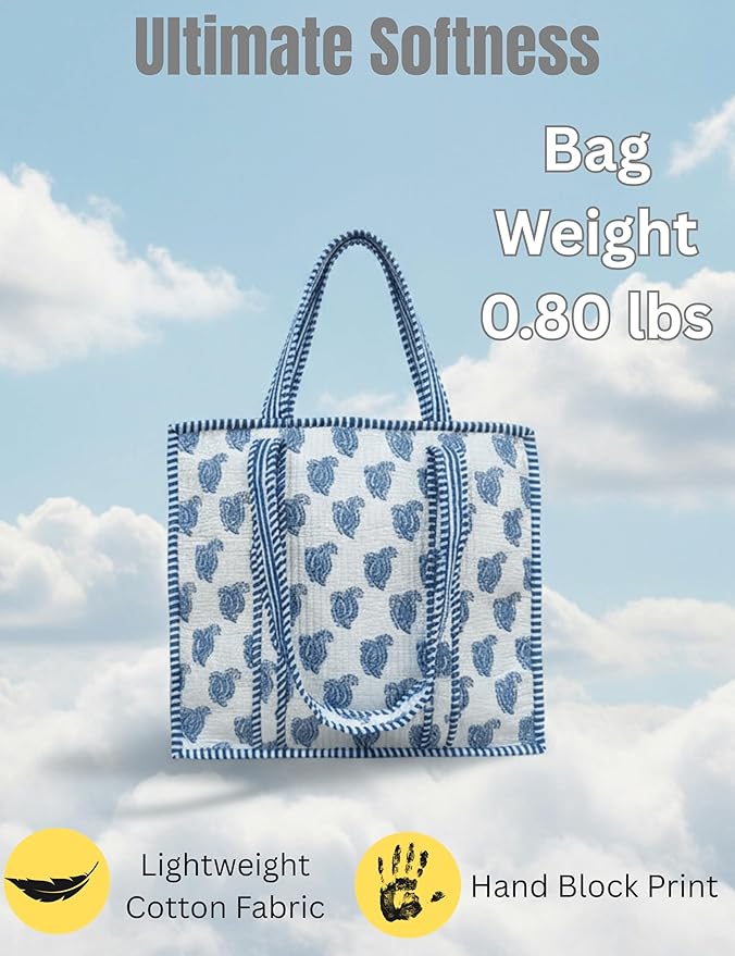 Cotton Quilted Tote Bag for Women – Large Beach & Travel Tote with Zipper, Reusable Grocery Bag