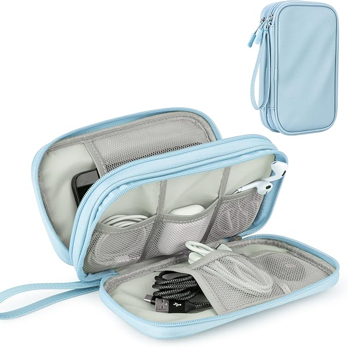 Leather Travel Electronic Organizer - Double Layer, Waterproof Case for Cables, Chargers, Phones & More - Portable, Shockproof Pouch for All Your Electronics Accessories (Light Blue, M)