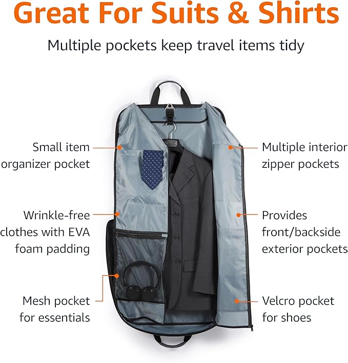 Amazon Basics Carry-On Garment Bag for Travel and Business Trips with Shoulder Strap, Hanging Suit Luggage Bag for Men Women, Wrinkle Free Cover for Suits Dresses Coats, Gray
