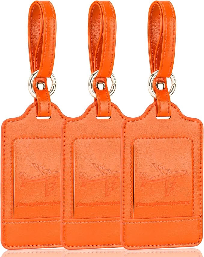 Teskyer Luggage Tags, 3 Pack Premium PU Leather Luggage Tags for Suitcases, Privacy Protection Travel Bag Tags, Orange