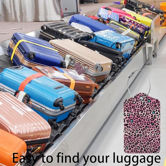 Pink Leopard Print Luggage Tags for Suitcases,2 Pack Luggage Tag, Leather Stainless Steel Loop Label Tag for Women Girl Travel Bag Suitcase