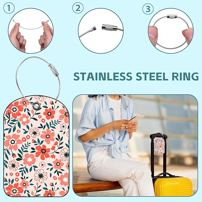 Orange Flowers Luggage Tag for Suitcase Set of 2 PU Leather Cute Luggage Tags with Stainless Metal Loop ID Label Privacy Flap Suitcase Tags for Women and Men Travel