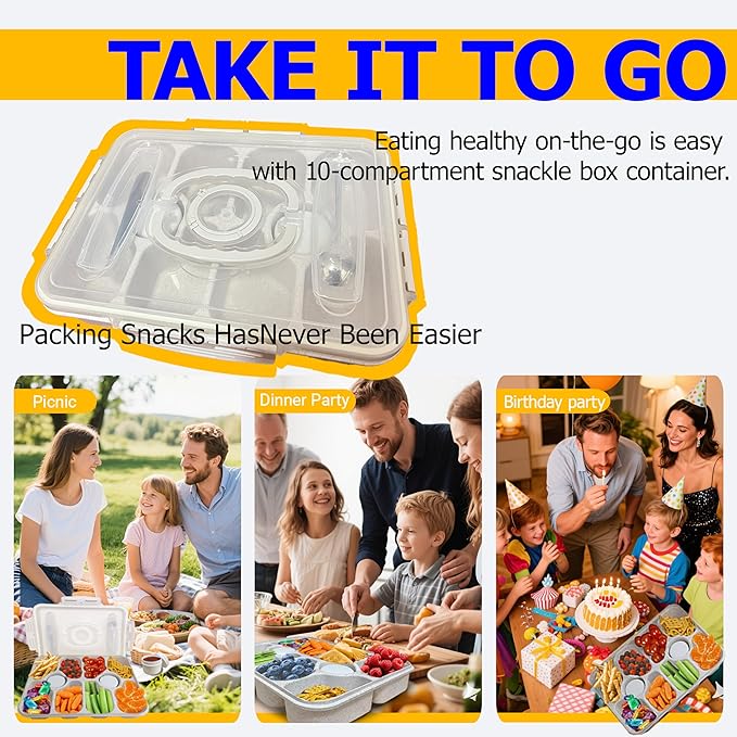 10-Compartment Insulated Snackle Box with Thermal Bag&Cover-Portable Divided Serving Tray,Dishwasher Safe,Clear Lid & Handle-Storage for Fruits bento Nuts, food storage,small tableware（white）