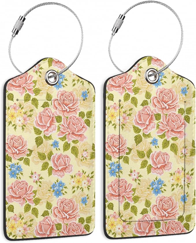 Pink Rose Luggage Tag,Flowers Retro Luggage Tags of Set 2 Leather Identifiers Privacy Cover with Stainless Steel Loop for Women Men Travel Bag Suitcase
