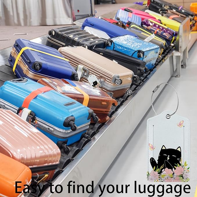 Smiling Black Cat Among Flowers 2 Pack Luggage Tag for Suitcase, Leather Bag Tags Identifiers Privacy Cover ID Label with Steel Loop for Women Men Kids Girls Travel