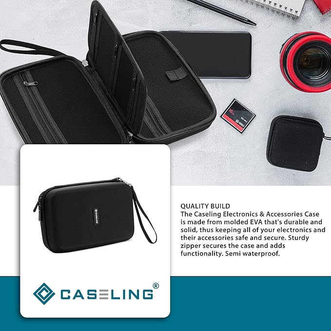 Caseling Hard Case - 9.8” x 5.6”x 2.8” - for Universal Electronics/Accessories EVA Protection Hard Travel Organizer Carrying Bag - Black